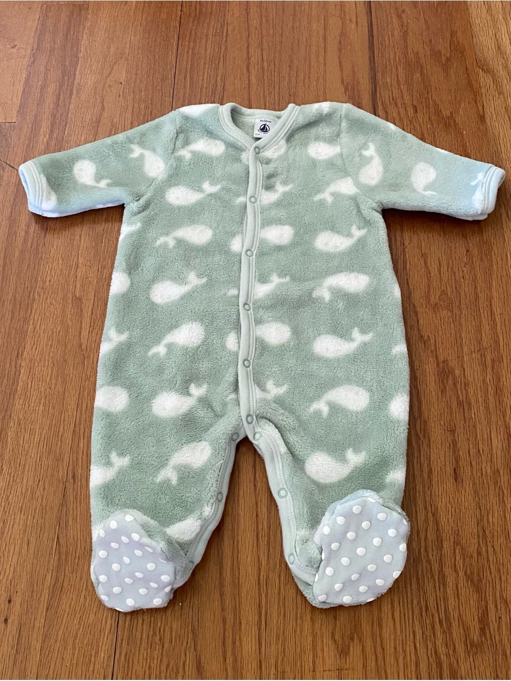 Petit Bateau Mint Green Whale Fleece Footed One-Piece